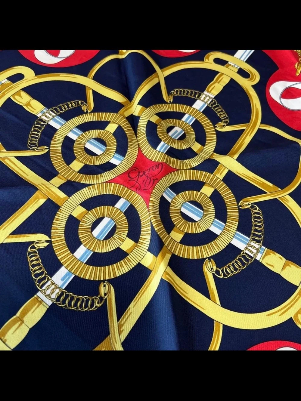 Hermes Navy Red Gold Equestrian Motif Silk Scarf